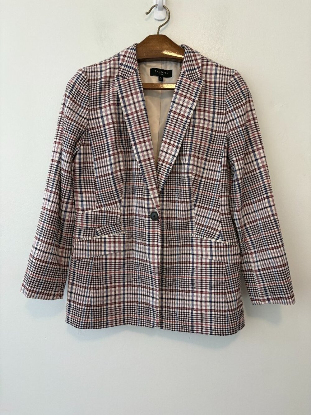 Talbots Plaid Single Button Blazer Jacket Size 10P Petite Red Blue